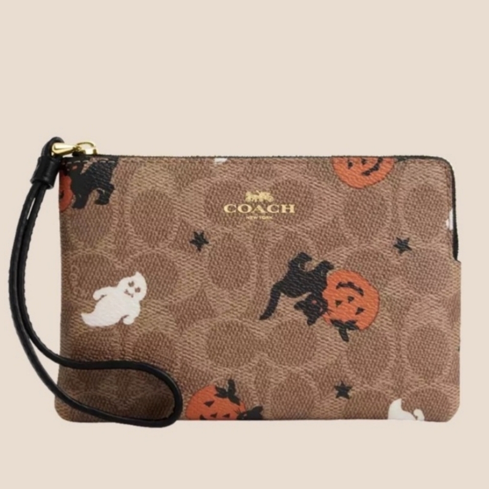 COACH Spooky Halloween Corner Zip Signature Coated Canvas Wristlet